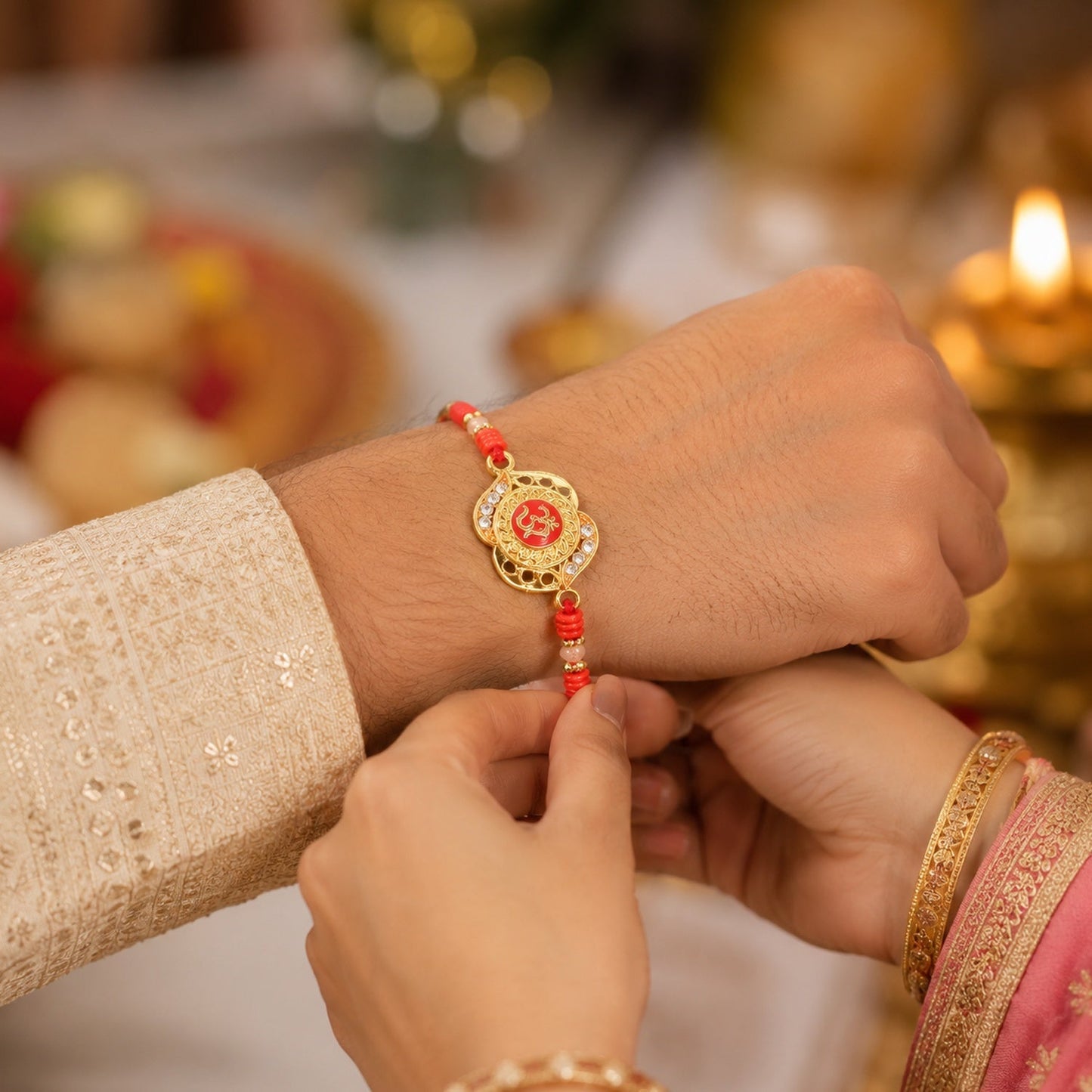 Top-down view of OM Antique Floral Designer Rakhi.