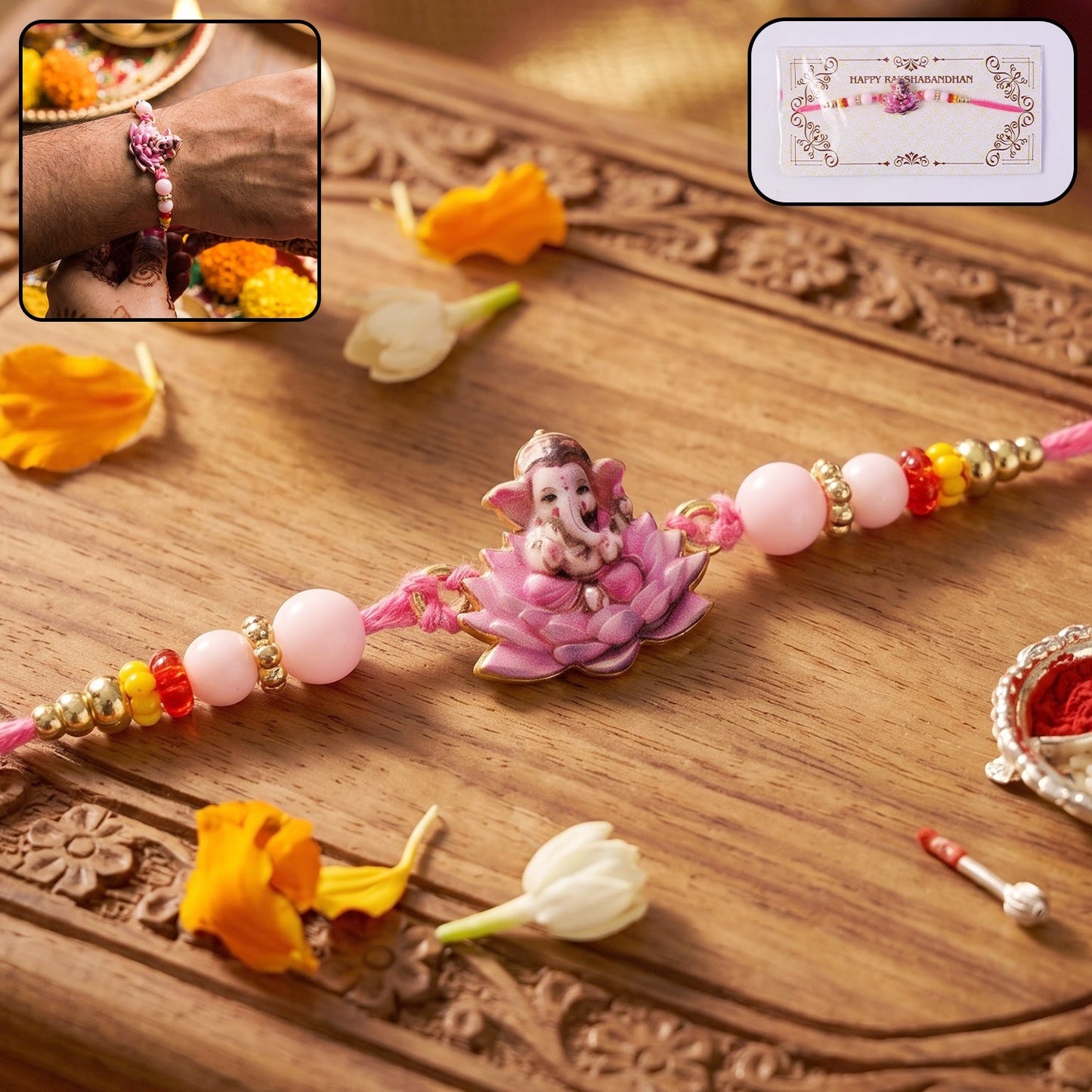Lord Ganesha on pink lotus designer Rakhi with decorative beads