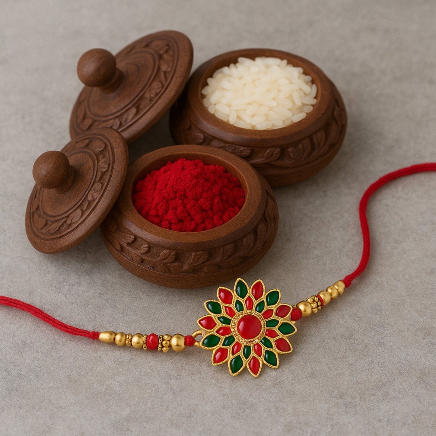 Elegant red green flower design Rakhi showing intricate stones