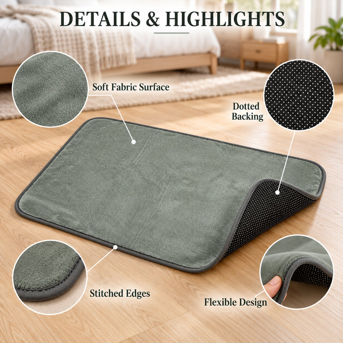 A grey mat with close-up details showing soft fabric, stitched edges, dotted backing, and flexible design.