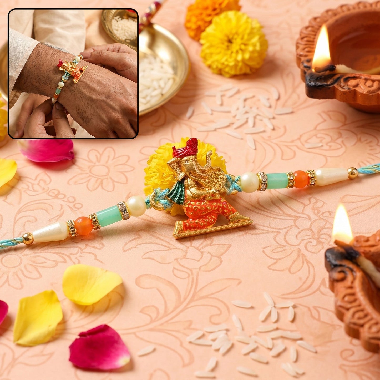 Colorful Ganesh rakhi with beads and red-blue thread on white background