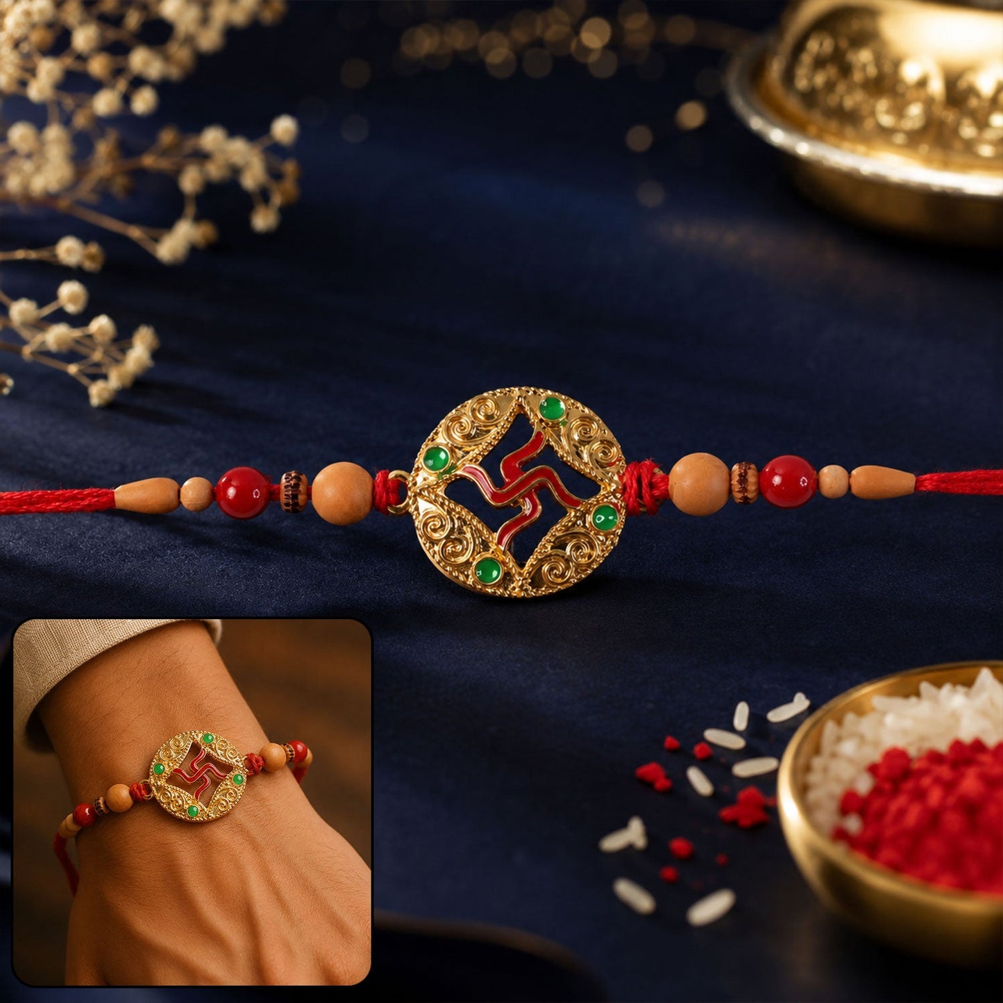 Main view of multicolor Swastik Rakhi with peach beads and navy backdrop