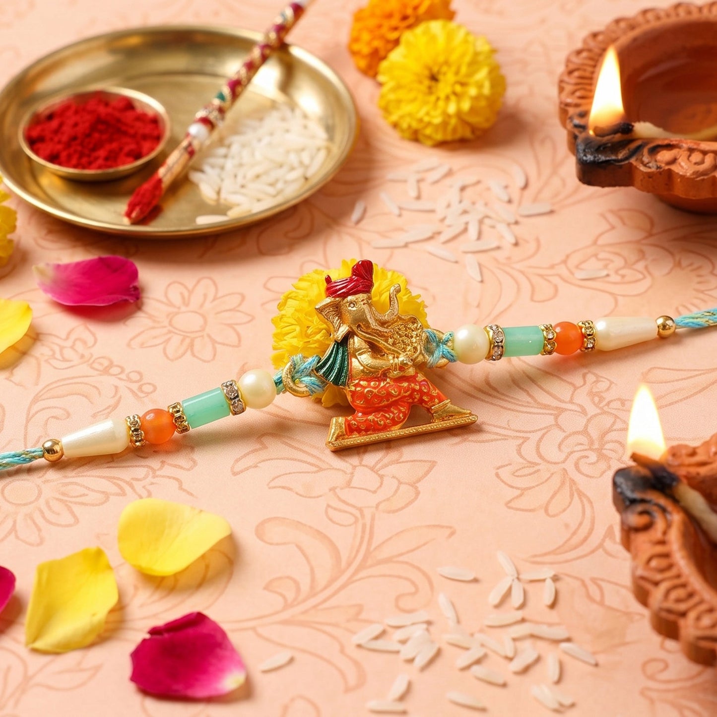 Side angle of Ganesh rakhi highlighting decorative beads