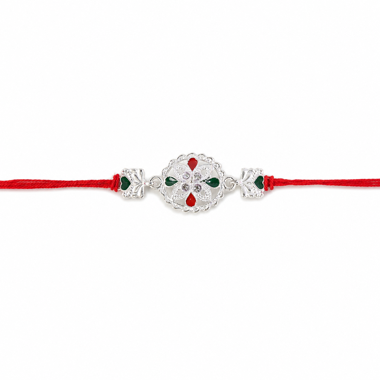 Top view of white silver floral rakhi with side charms