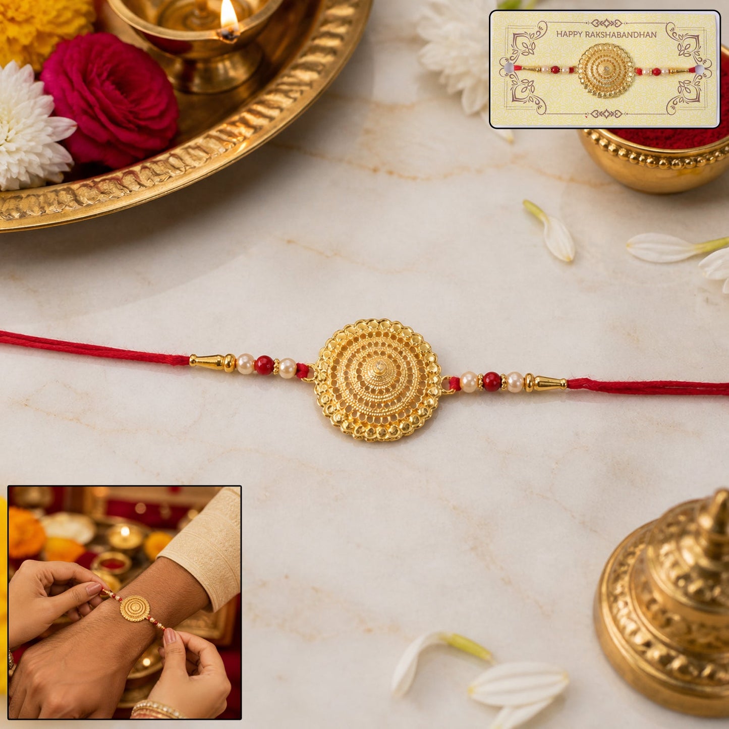 Golden Flower Rakhi tied on brother's wrist showcasing elegant designer floral pattern.