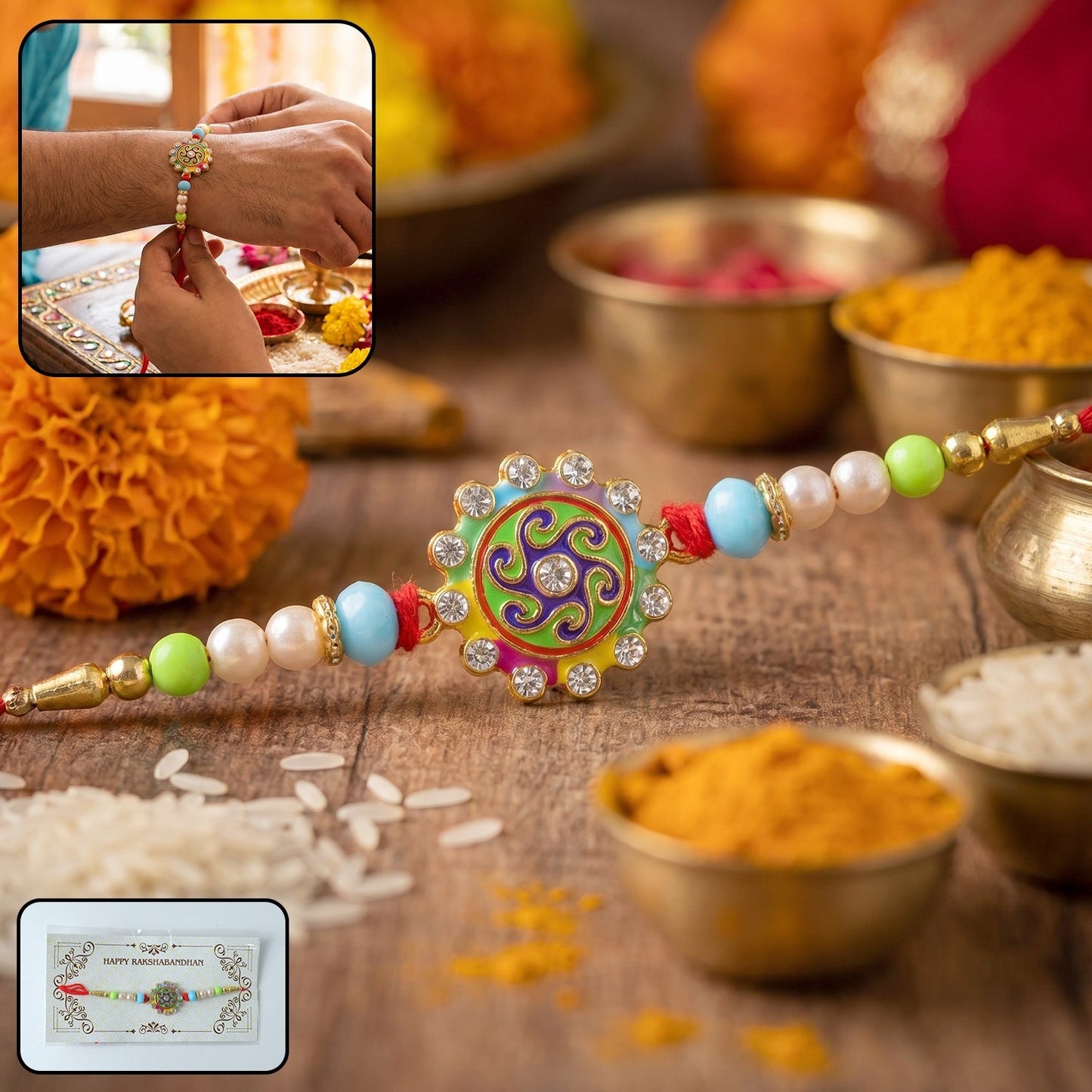 Vibrant multicolor floral swirl designer Rakhi with beads and soft thread