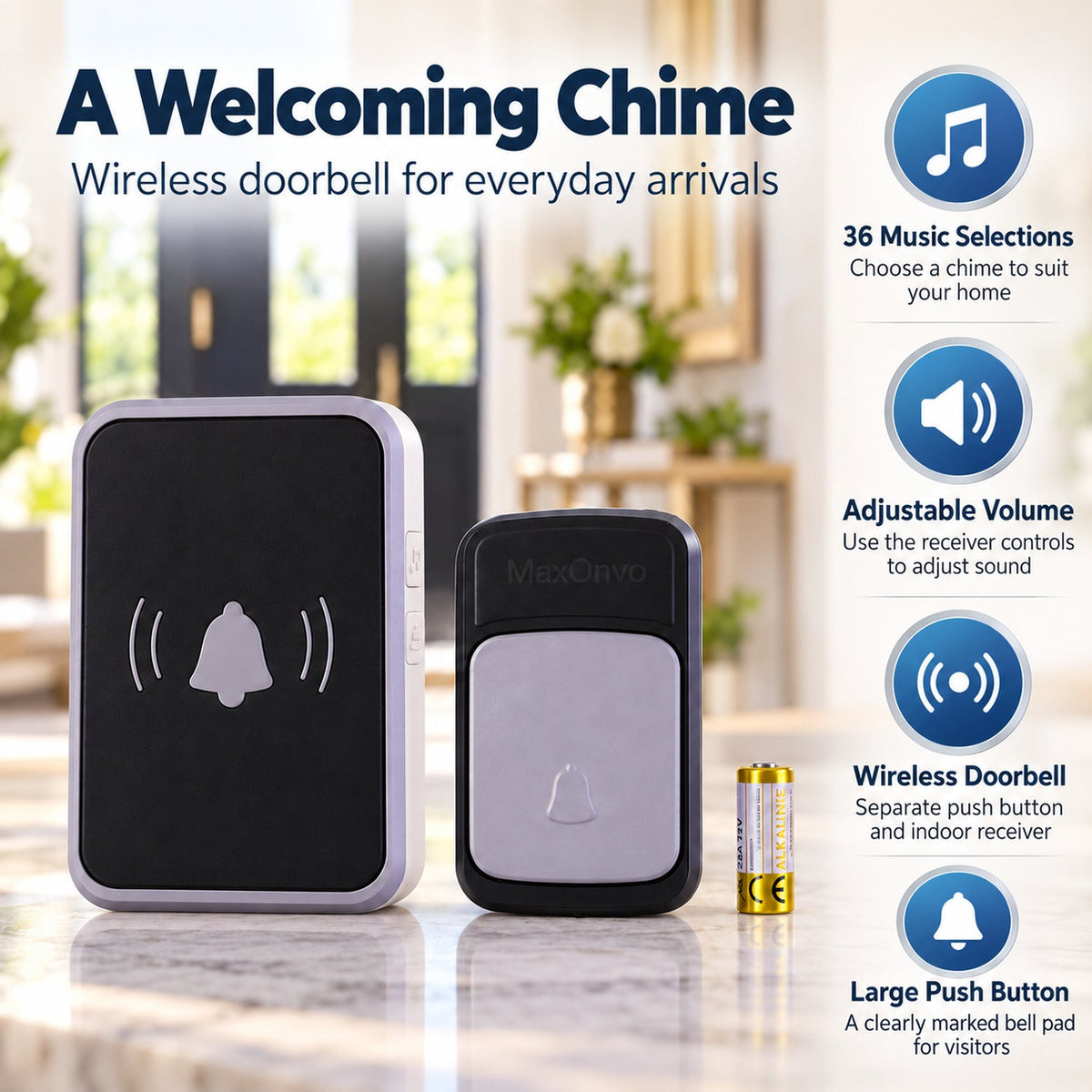 The black and grey doorbell receiver and push button are shown with a battery, alongside text detailing features like 36