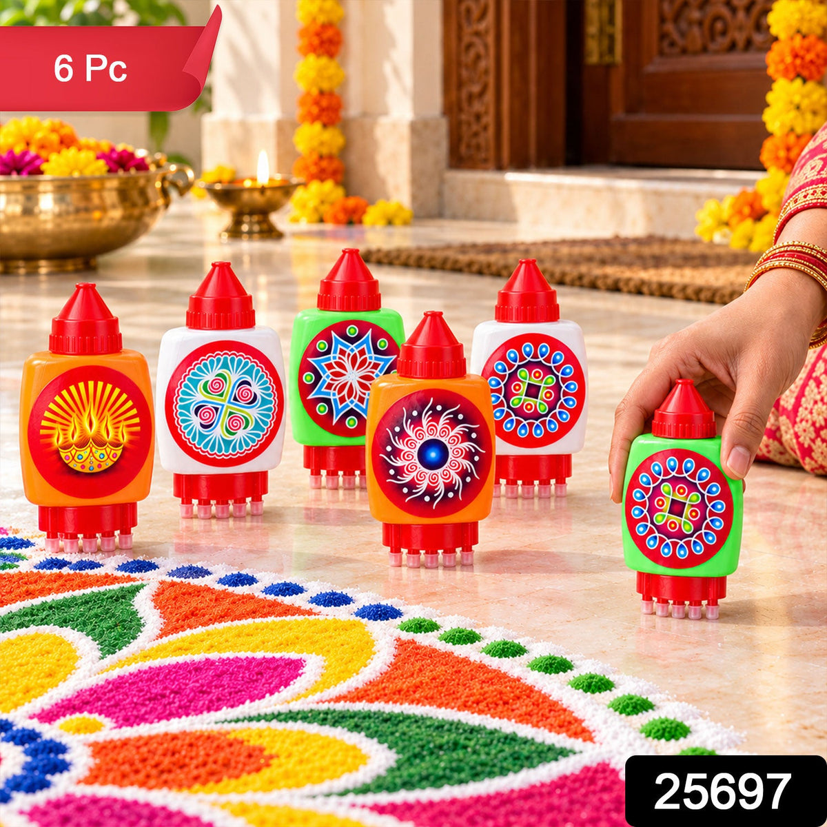 Plastic Rangoli Colour Filling Bottles with Nozzle and Dot Stamp (6 Pc)