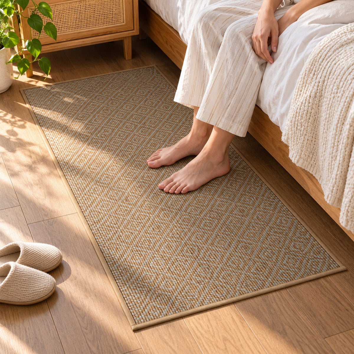 Bare feet rest on a brown diamond pattern runner mat next to a bed with a light-colored duvet.