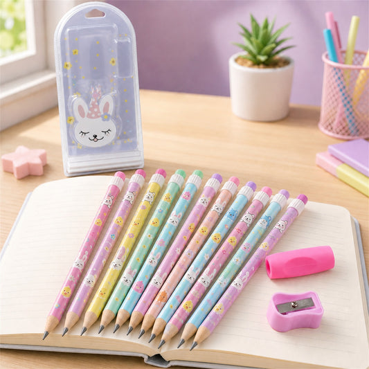 Cute Rabbit Bear Drawing Graphite Writing Pencil Set with Pencil Sharpener & Eraser, Pencil and Eraser Set with Eraser for Kids, for Girls, Fancy School Stationary, Birthday Party Return Gift (14 Pc Set)