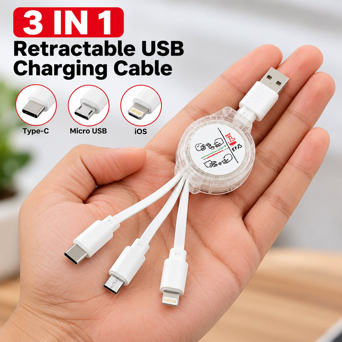 Retractable USB Charging Cable with Type C, Micro USB & Lightning (3 in 1)