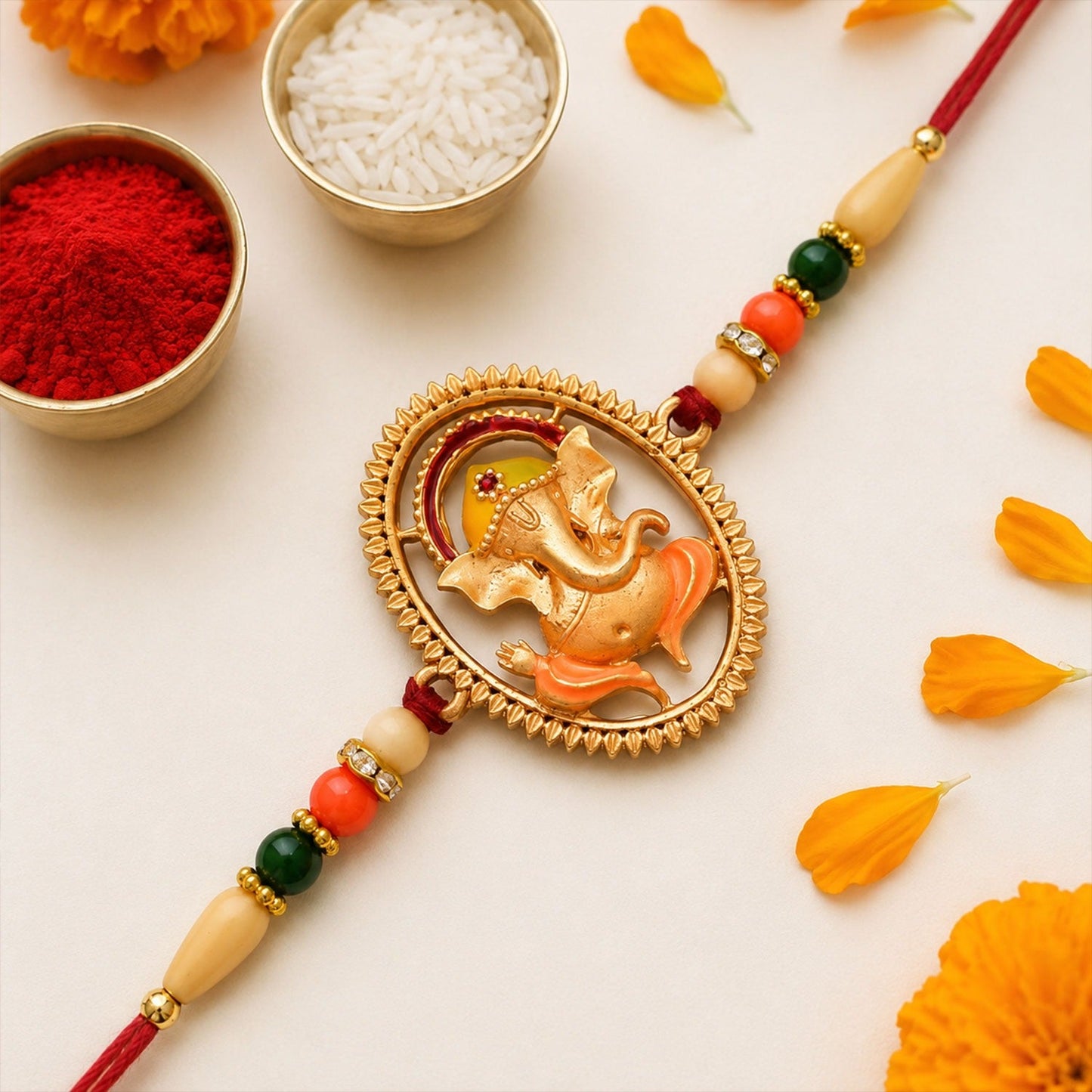 Close-up of handcrafted Ganesha Rakhi with detailed Lord Ganesha motif symbolising protection.
