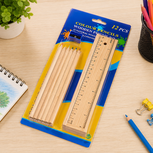 Colorful Wooden Pencil Set with Pencil box, Ruler, Sharpener For for Kids, Artist, Architect (12 Pcs Set)