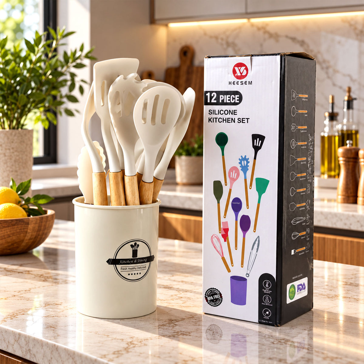 Silicone Kitchen Utensil Set with Wooden Handles and Storage Holder (12 Pc)