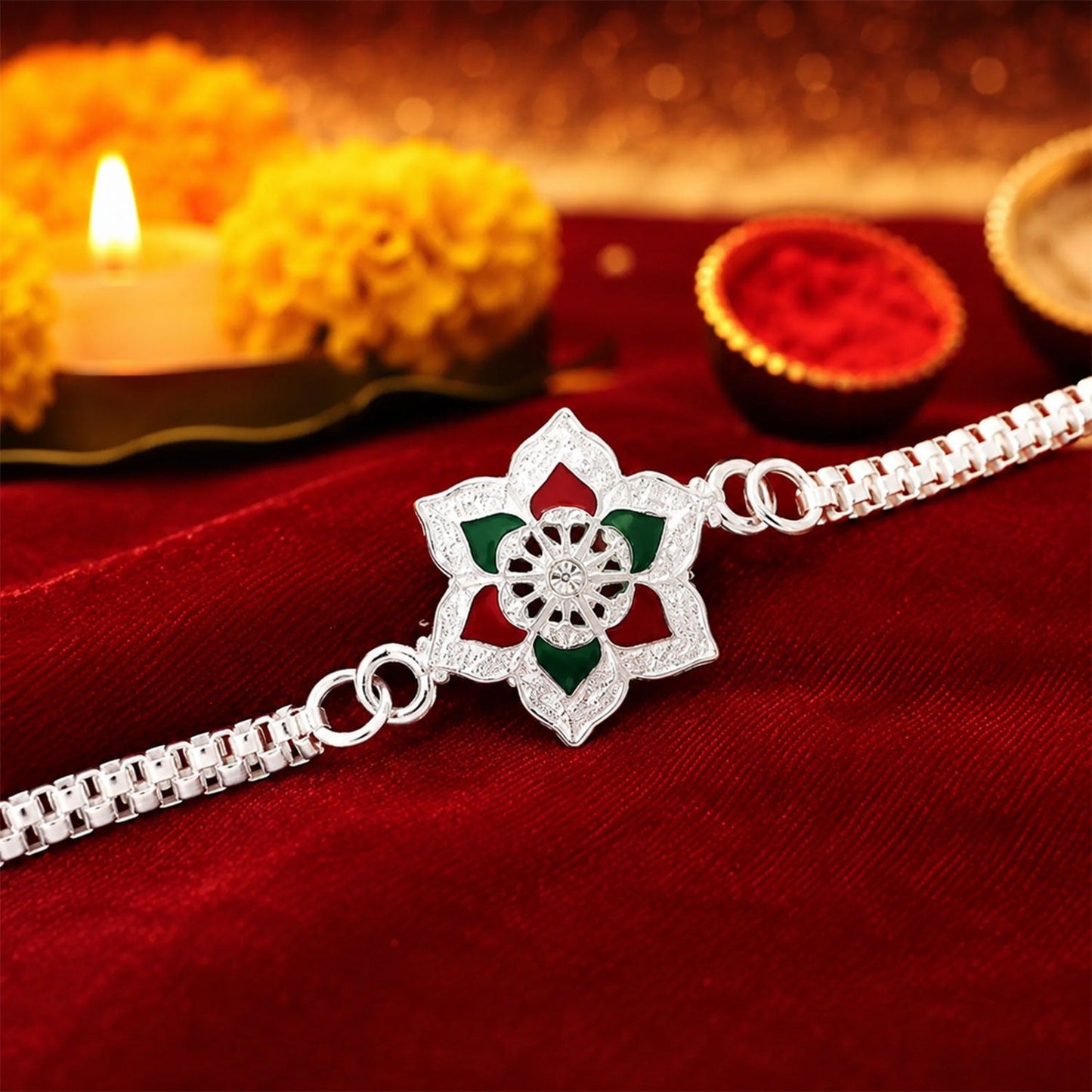 Silver Flower Rakhi bracelet with intricate red and green enamel floral design