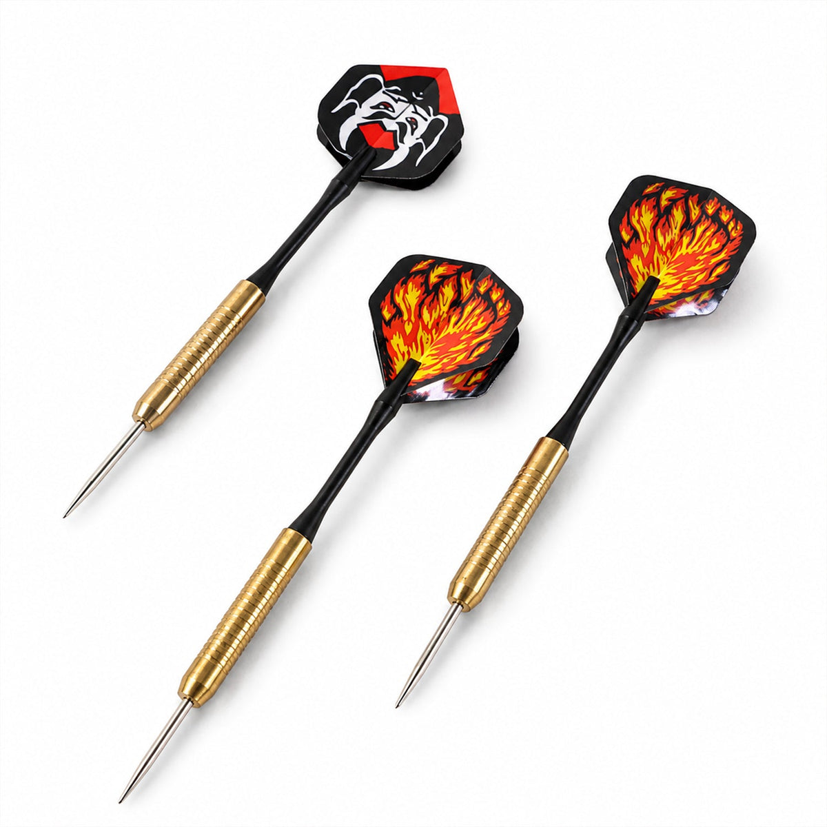 Three small steel tip darts on white background