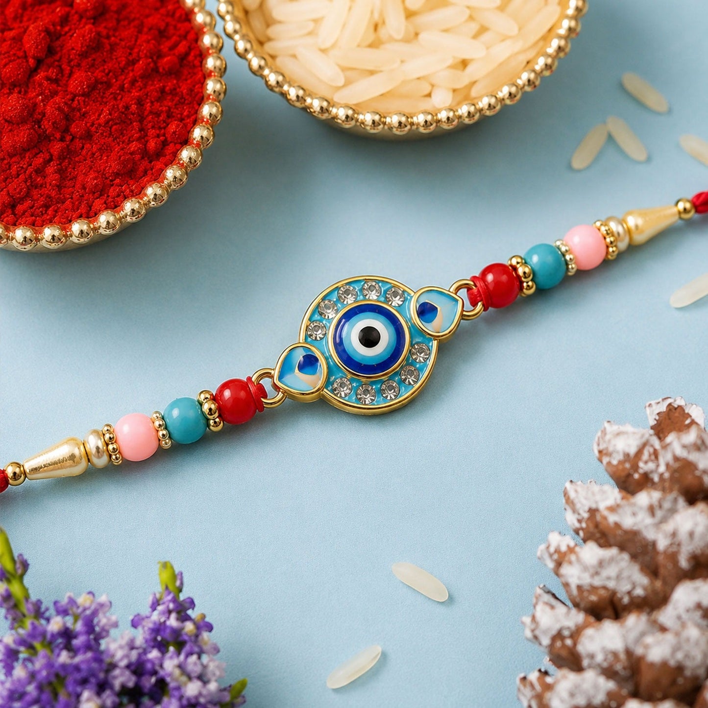 Vibrant Evil Eye Rakhi with multicolor beads displayed against a festive background.