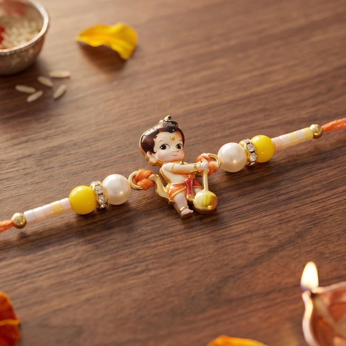 Crafted Bal Hanuman Rakhi showcasing vibrant threads and beadwork.