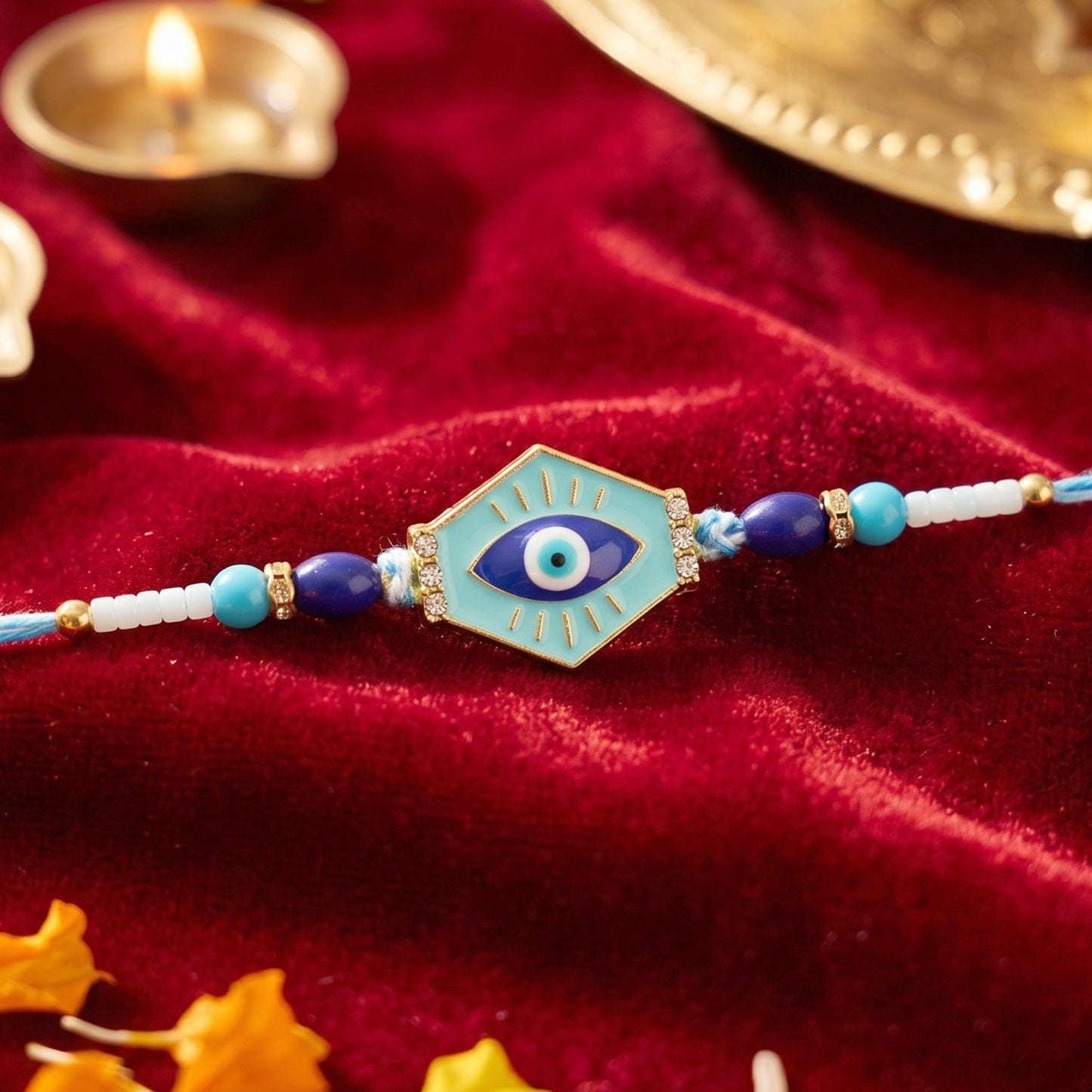 Traditional Rakhi with modern evil eye hexagon design