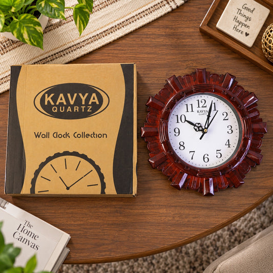 Wooden Look Round Wall Clock - Battery Operated, Easy-to-Read, Plastic Design for Home/Office