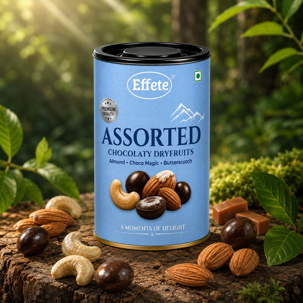Side view of the Effete assorted chocolaty dryfruits tin packaging.