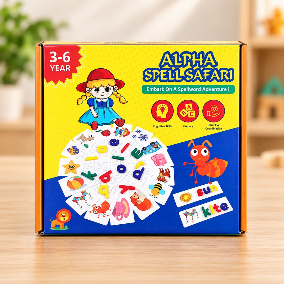 A yellow and blue box for Alpha Spell Safari, featuring a cartoon girl, an ant, and various word puzzle pieces.