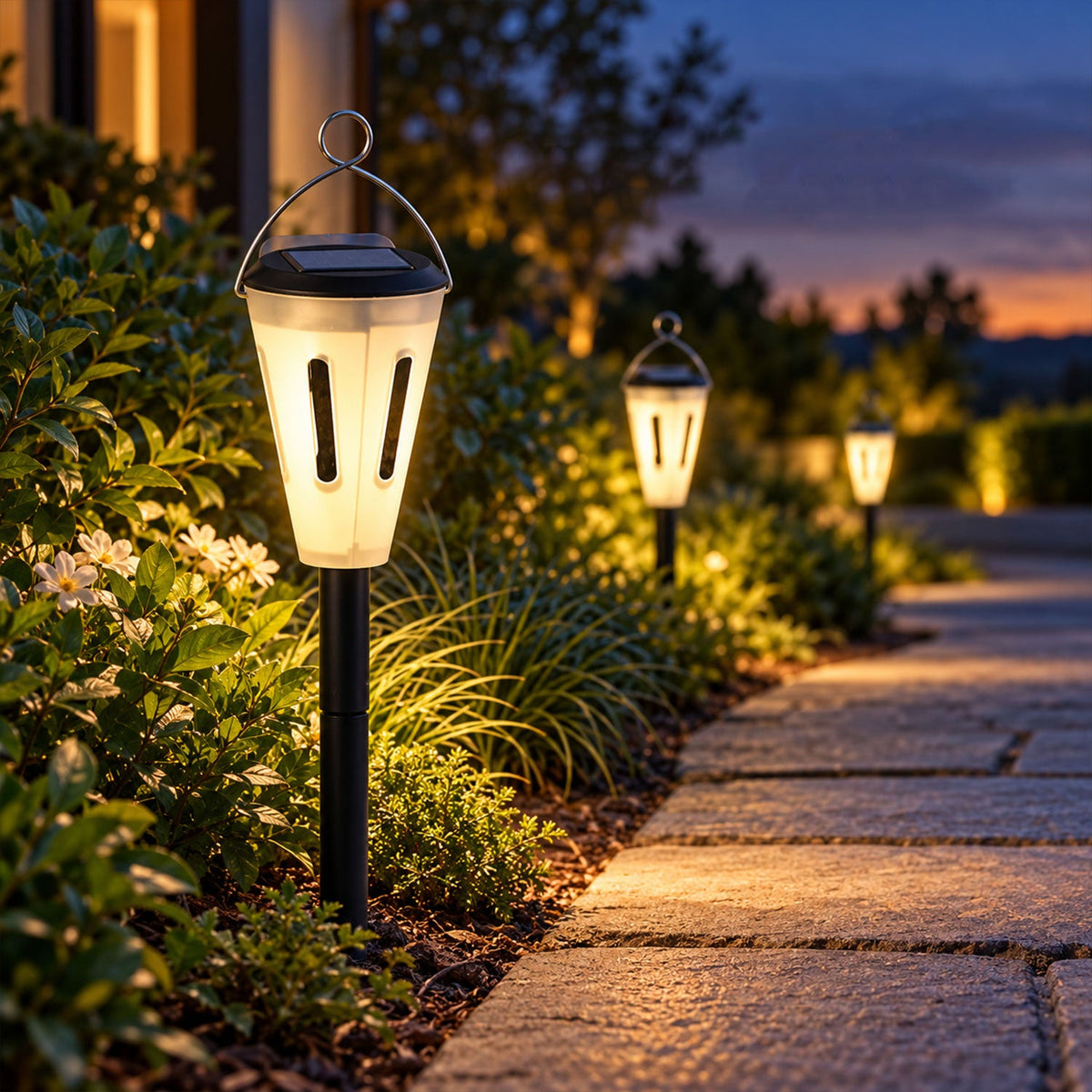 A solar-powered garden light with a white diffuser and black stake glows beside a stone walkway at dusk.