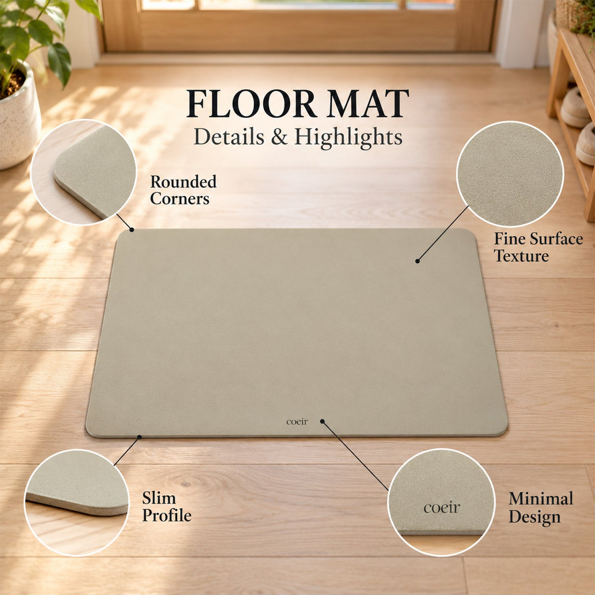 A light beige rectangular floor mat highlighting its rounded corners, slim profile, and fine texture.