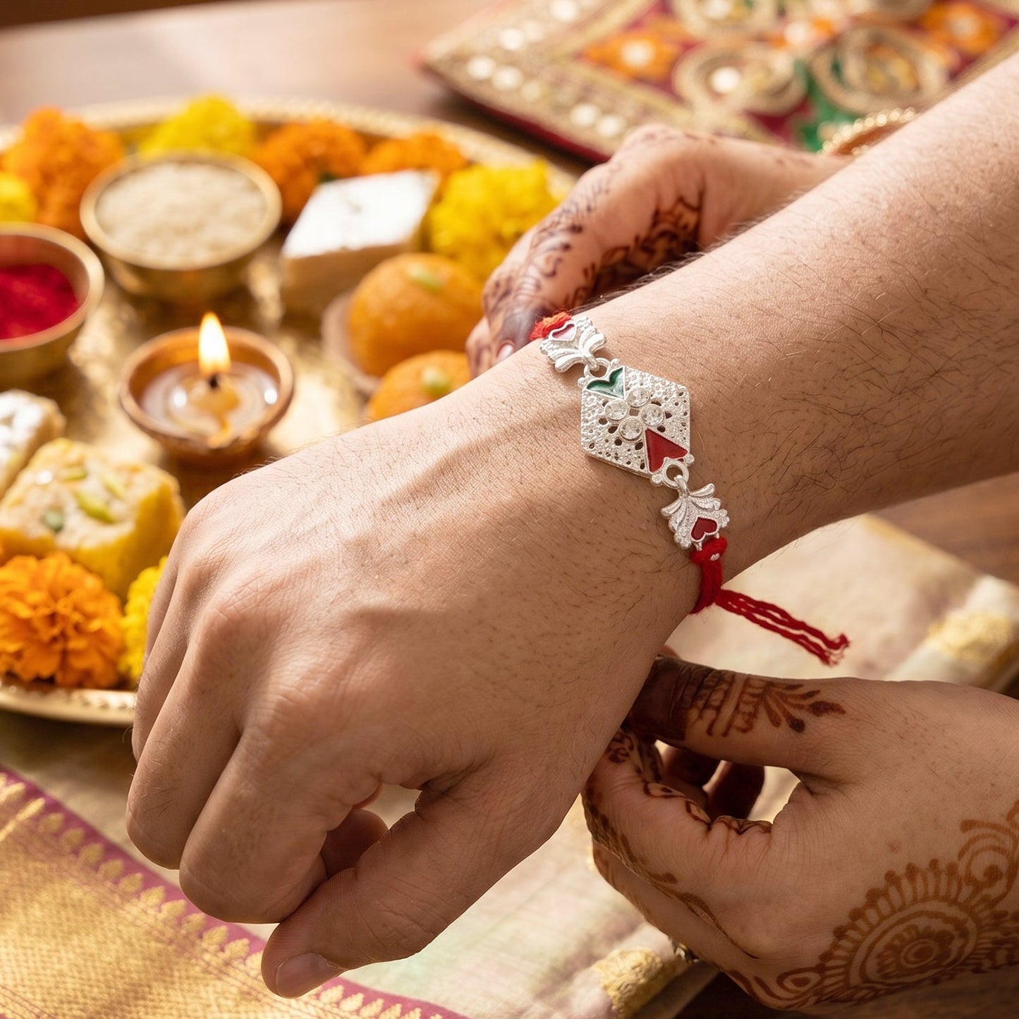Traditional silver elephant rakhi with colorful crystals