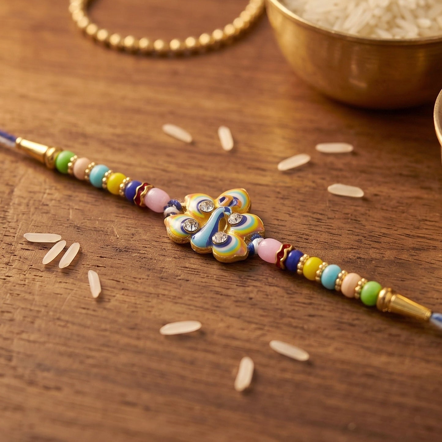 Soft thread and decorative design on Peacock Feather Rakhi