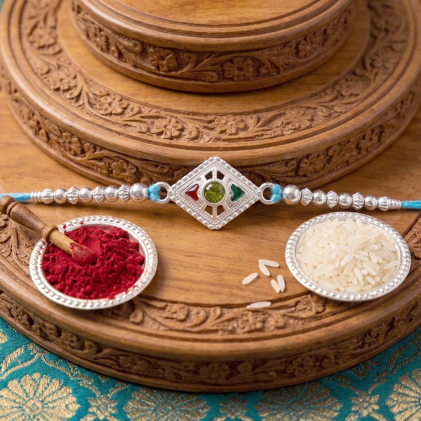 Top view of Silver Diamond Kundan Rakhi with colorful beads