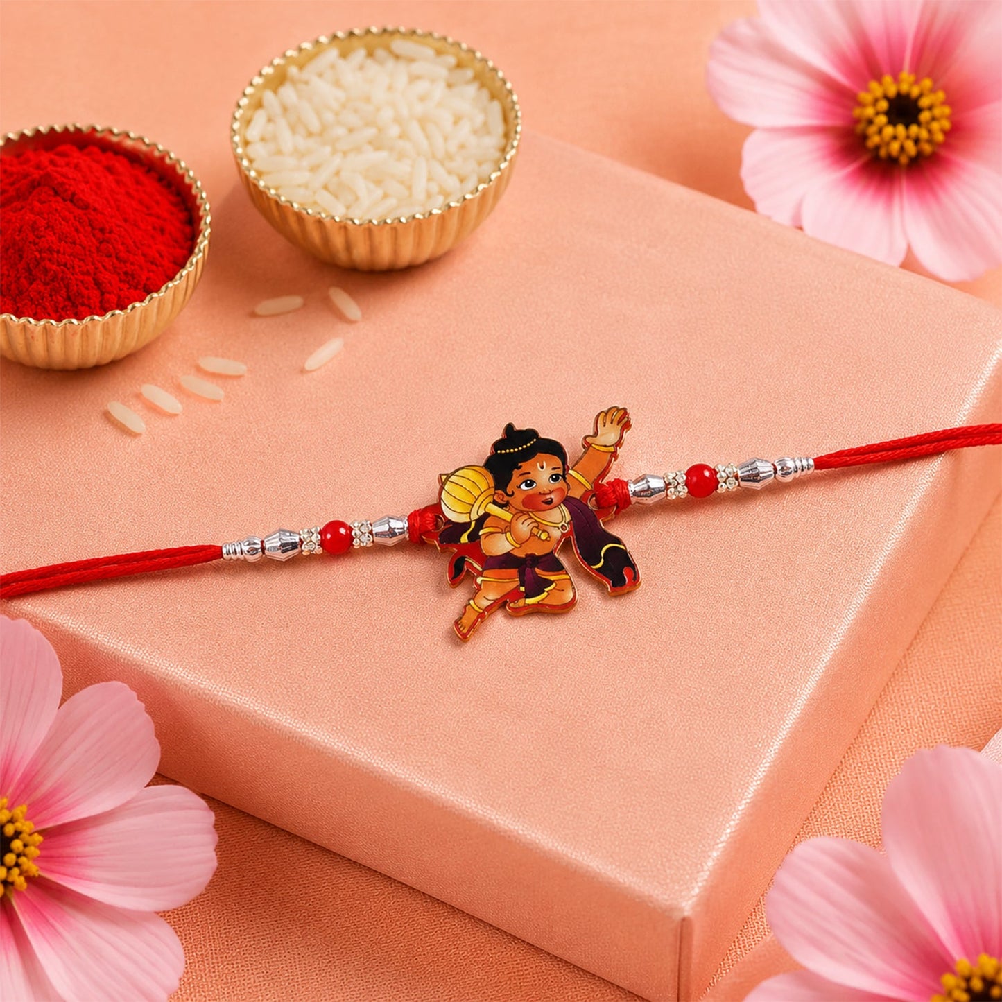 Traditional Hanuman Rakhi with silver bead chain for festival gifting