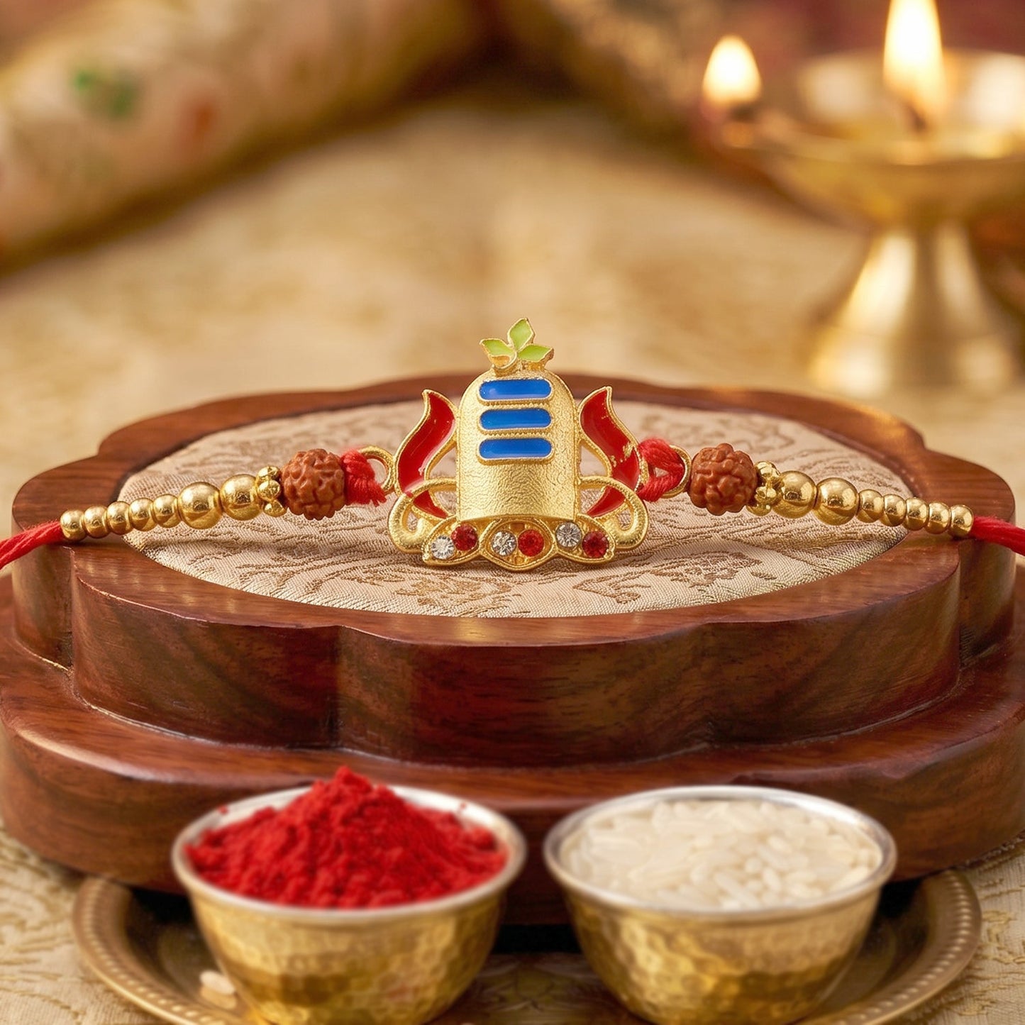 Gold Shivling Rakhi displaying decorative beads on wrist
