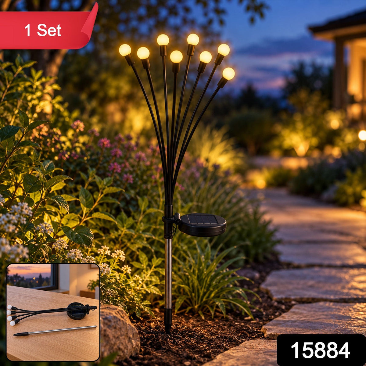 A solar firefly light with eight glowing orbs illuminates a garden path at dusk, with an inset showing disassembled â€“ view 10