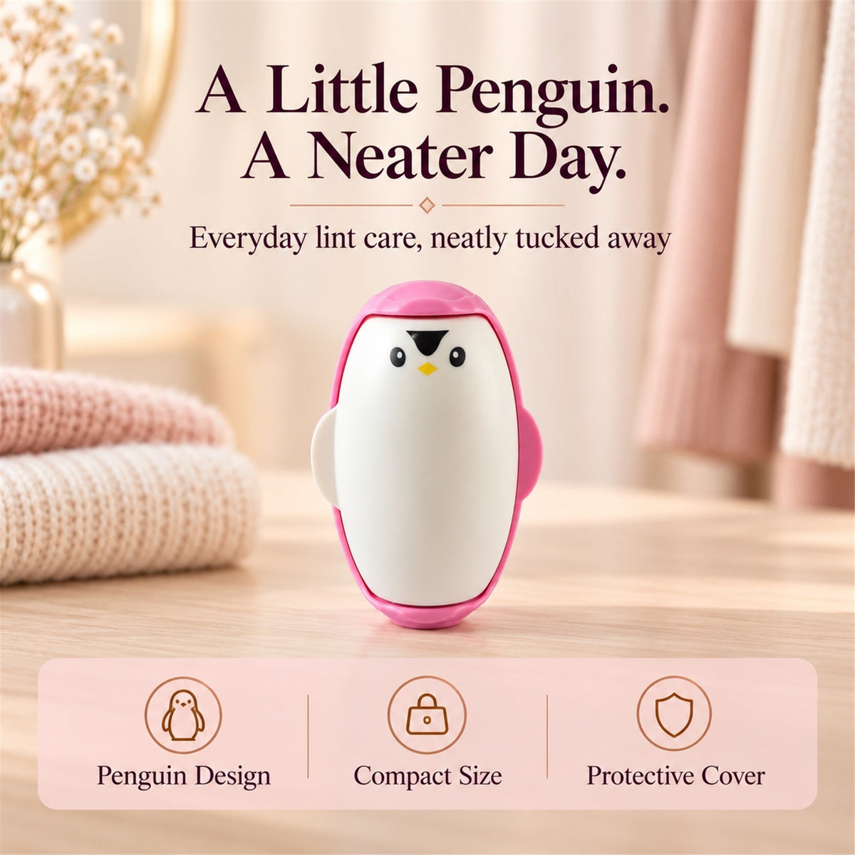 Penguin Reusable Lint Roller with Cover for Clothes and Sofa Care (1 Pc)