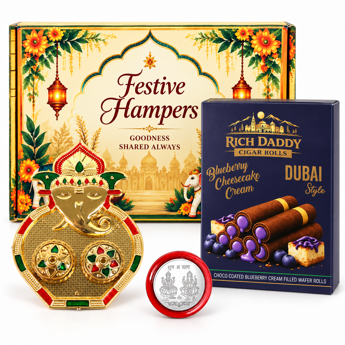 A gold Ganesh kumkum dish, a silver coin, and a box of blueberry cheesecake wafer rolls on a white surface.
