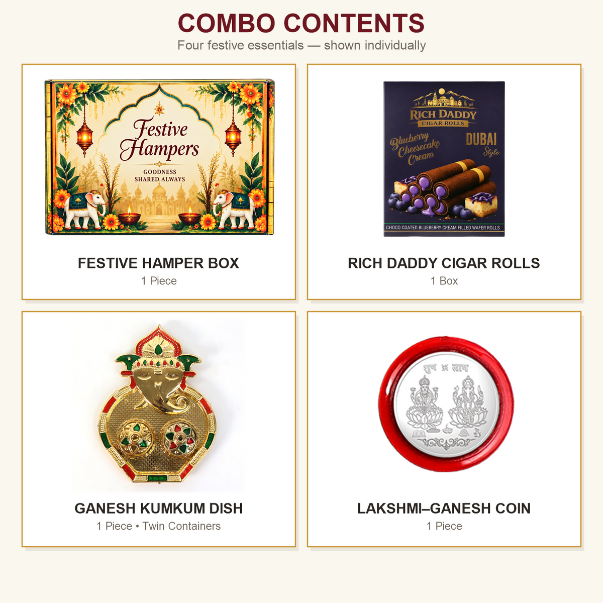 A grid displaying four items: a festive hamper box, blueberry cheesecake cigar rolls, a Ganesh kumkum dish, and a