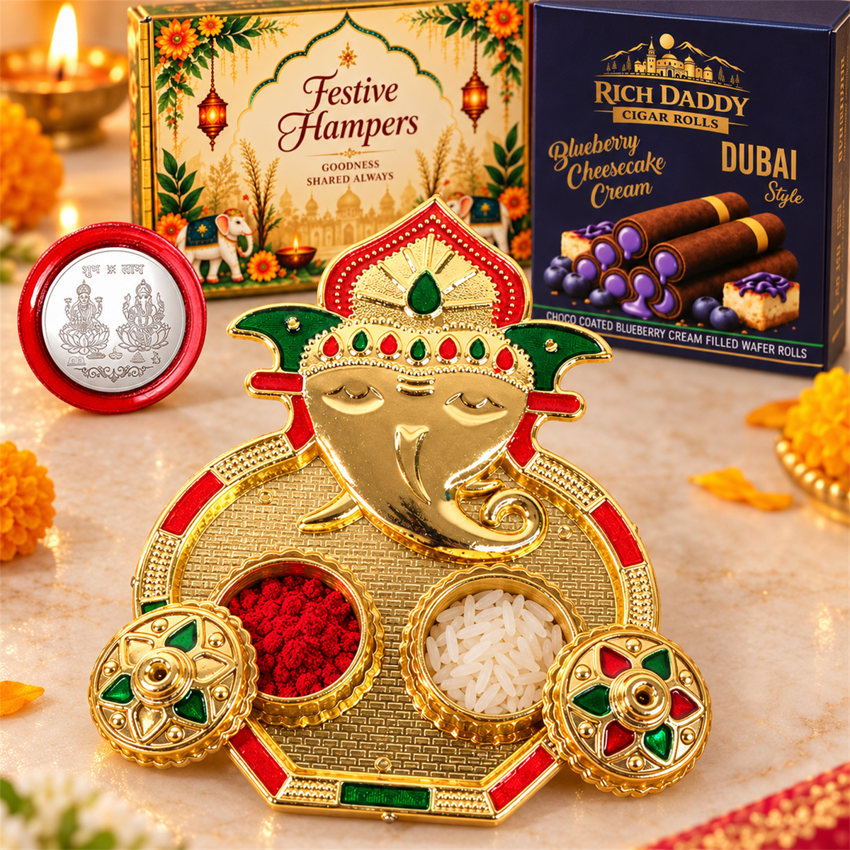 A gold Ganesh kumkum dish with red powder and white rice, a silver coin, and wafer rolls box in a festive setting.
