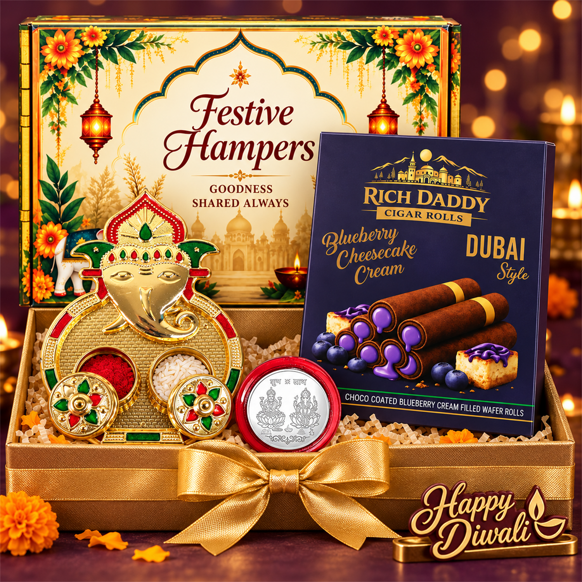 A festive gift hamper with a gold Ganesh kumkum dish, silver coin, wafer rolls, and a "Happy Diwali" sign.