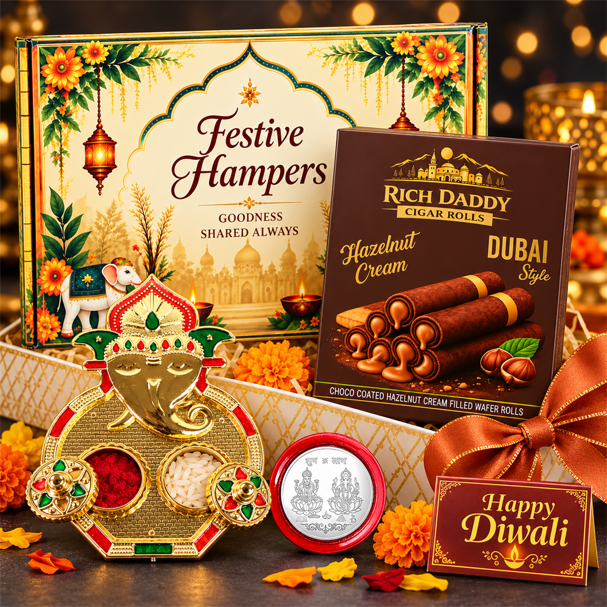 A gold Ganesh kumkum dish with kumkum and rice, a silver coin, a box of wafer rolls, and a festive hamper box, surrounded by