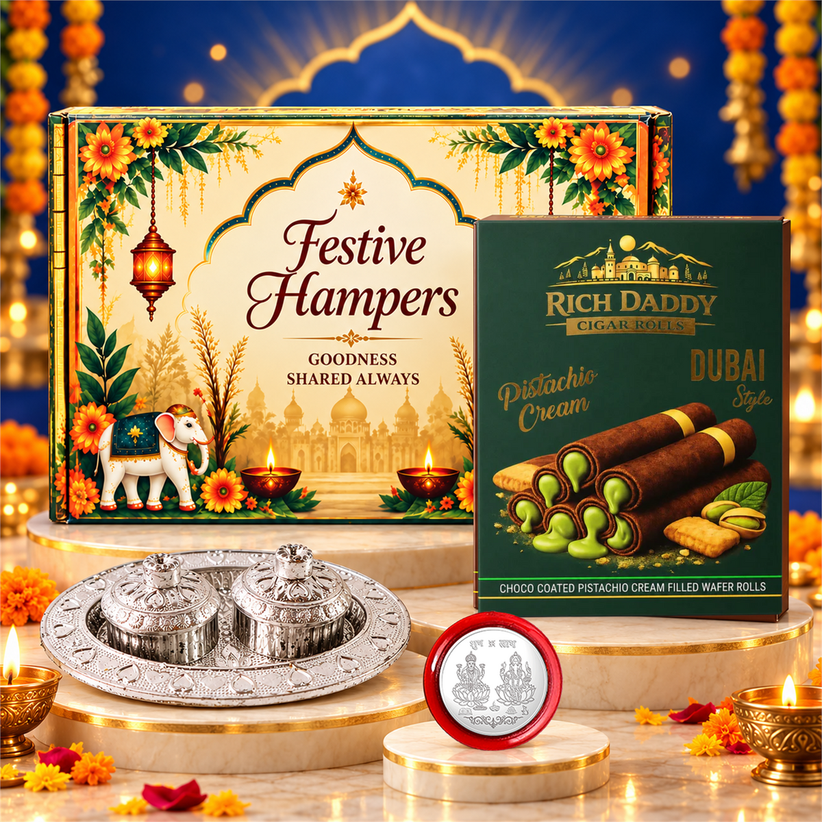 A festive gift box, pistachio wafer rolls, a silver kumkum dish, and a Lakshmi-Ganesh coin on marble pedestals with lit