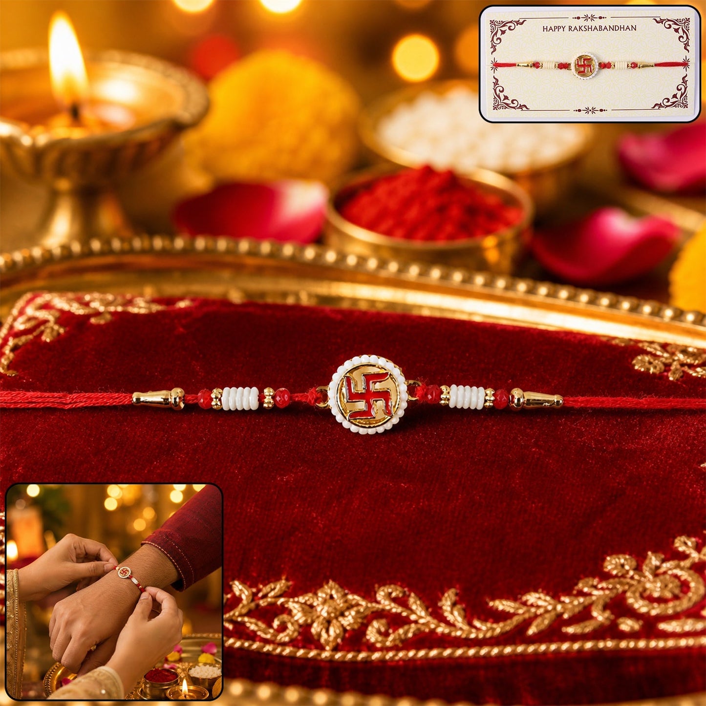Swastik Pearl Frame Rakhi with decorative beads on soft thread