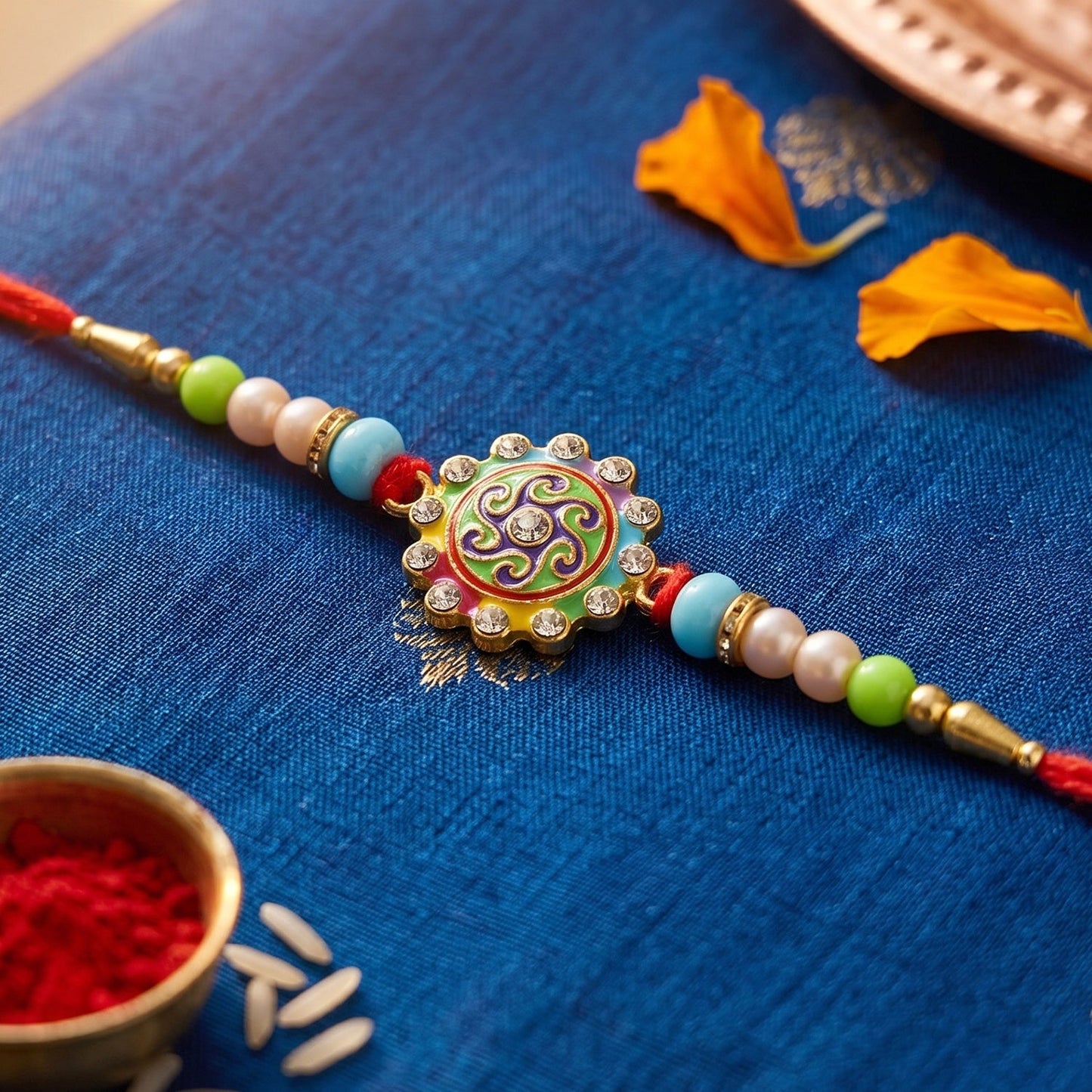 Close-up of multicolor floral swirl Rakhi on soft thread for rakhi ceremony