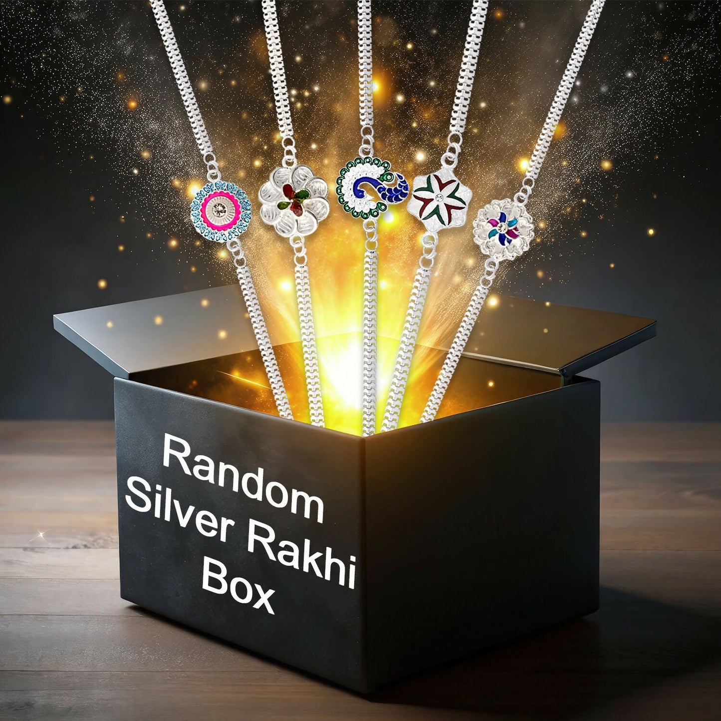 Elegant silver rakhi with intricate design, perfect for Raksha Bandhan celebration.