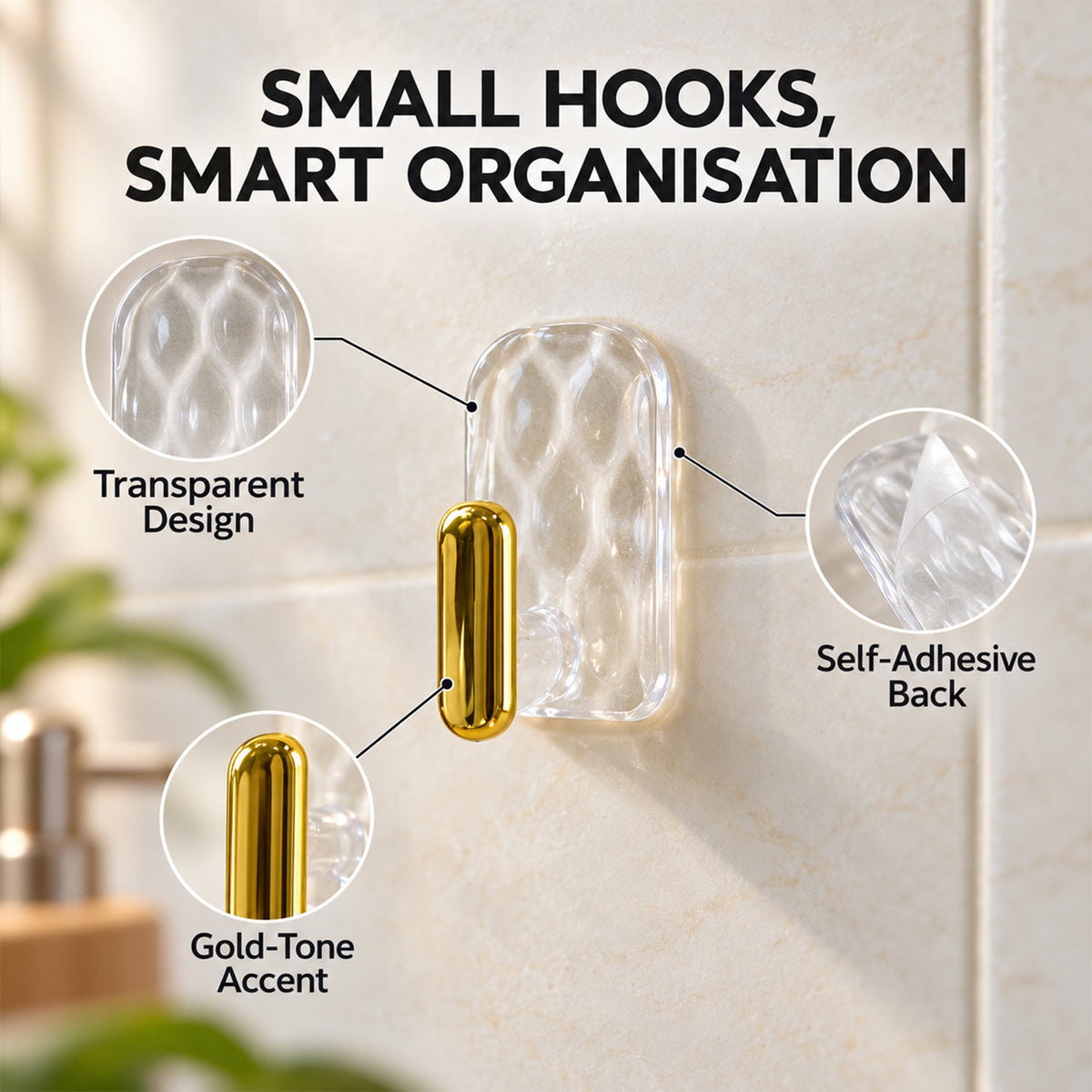 Transparent Self Adhesive Wall Hooks for Kitchen and Home Storage (6 Pc)