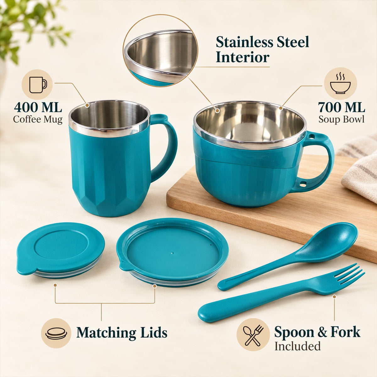 Apex Midnight Gift Set with 400ml Mug, 700ml Soup Bowl, Lids, Spoon and Fork