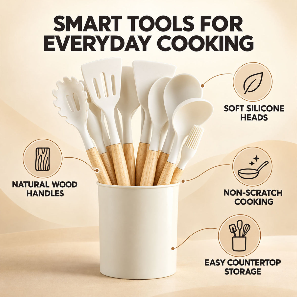 Silicone Kitchen Utensil Set with Wooden Handles and Storage Holder (12 Pc)