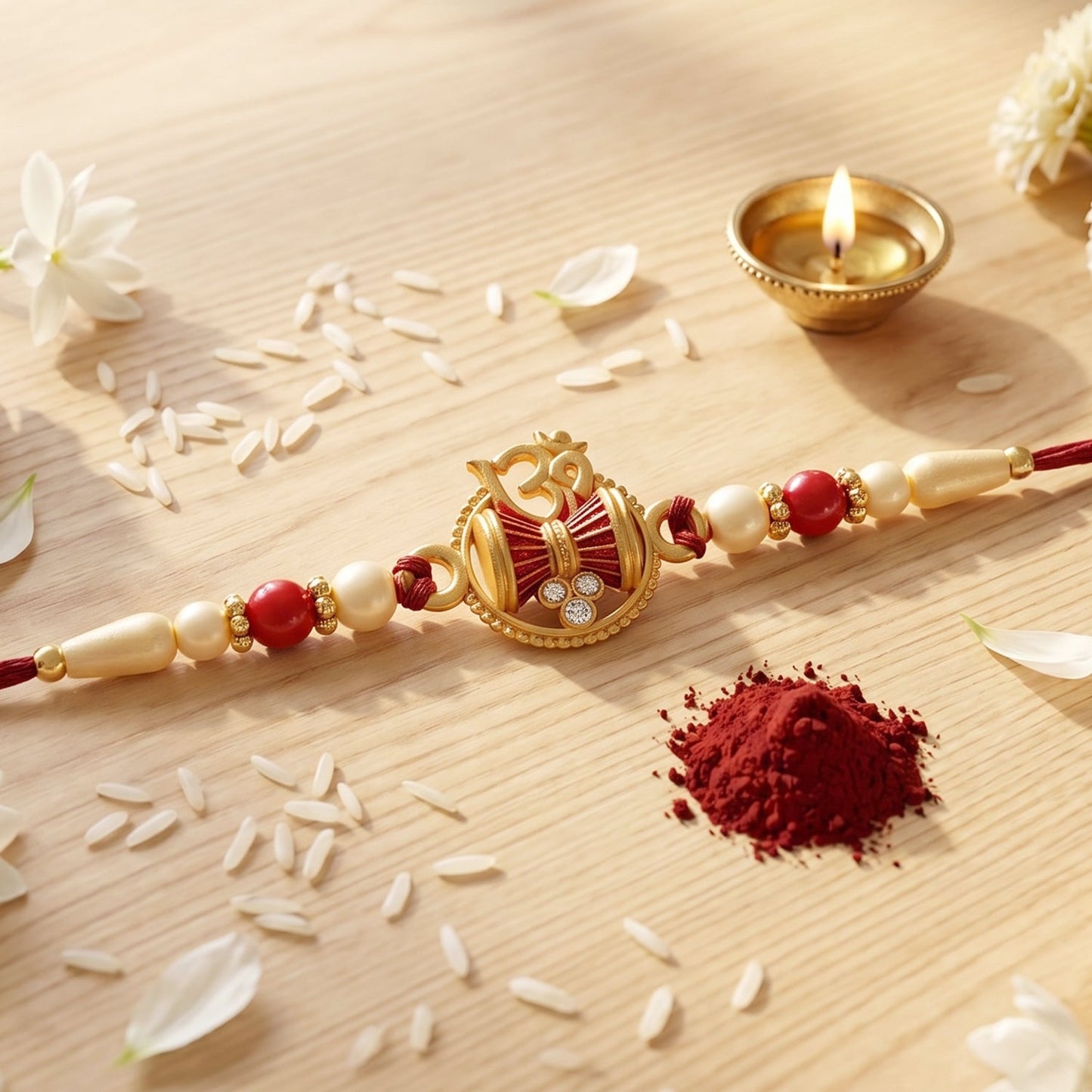 Elegant Golden Damru Om Rakhi displayed on a festive red background.