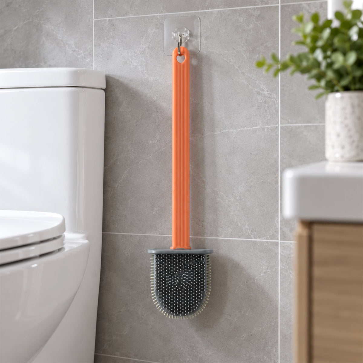 Flat head toilet cleaning brush with long handle and wall hook 02