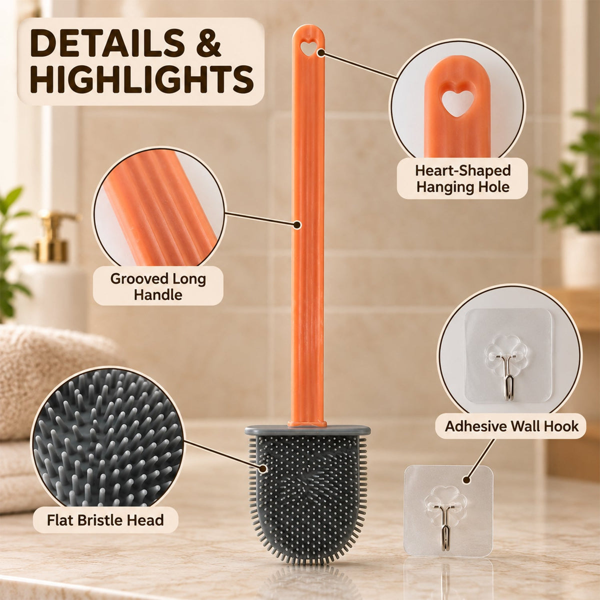 Flat head toilet cleaning brush with long handle and wall hook 06